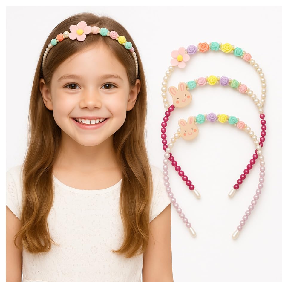 Diversa Cute Kids Beaded Headband Set – Colorful Pearl & Flower Hairbands with Cartoon Charms | Soft & Comfortable Girls Hair Accessories (Pack of 3)-picture-15