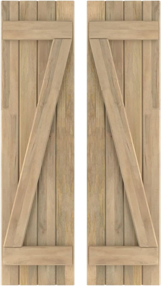 14"W x 78"H Americraft Four Board (2 Batten) Exterior Real Wood Joined Board-n-Batten Shutters w/Z-Bar (Per Pair), Unfinished