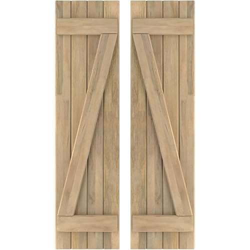 14"W x 46"H Americraft Four Board (2 Batten) Exterior Real Wood Joined Board-n-Batten Shutters w/Z-Bar (Per Pair), Unfinished