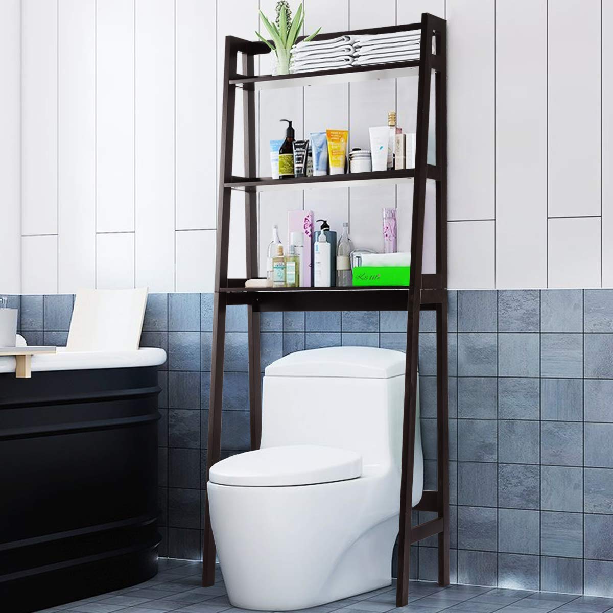 Tangkula Bathroom Space Saver, Over The Toilet Storage Cabinet, Freestanding 3-Shelf Organizer, Multifunctional Toilet Rack (Brown)
