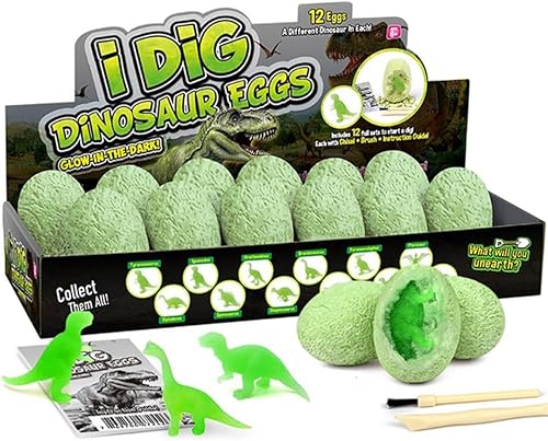 Paquete de 12 kits de excavación de dinosaurios que brillan en la oscuridad para niños, actividad educativa STEM para excavar huevos fósiles,