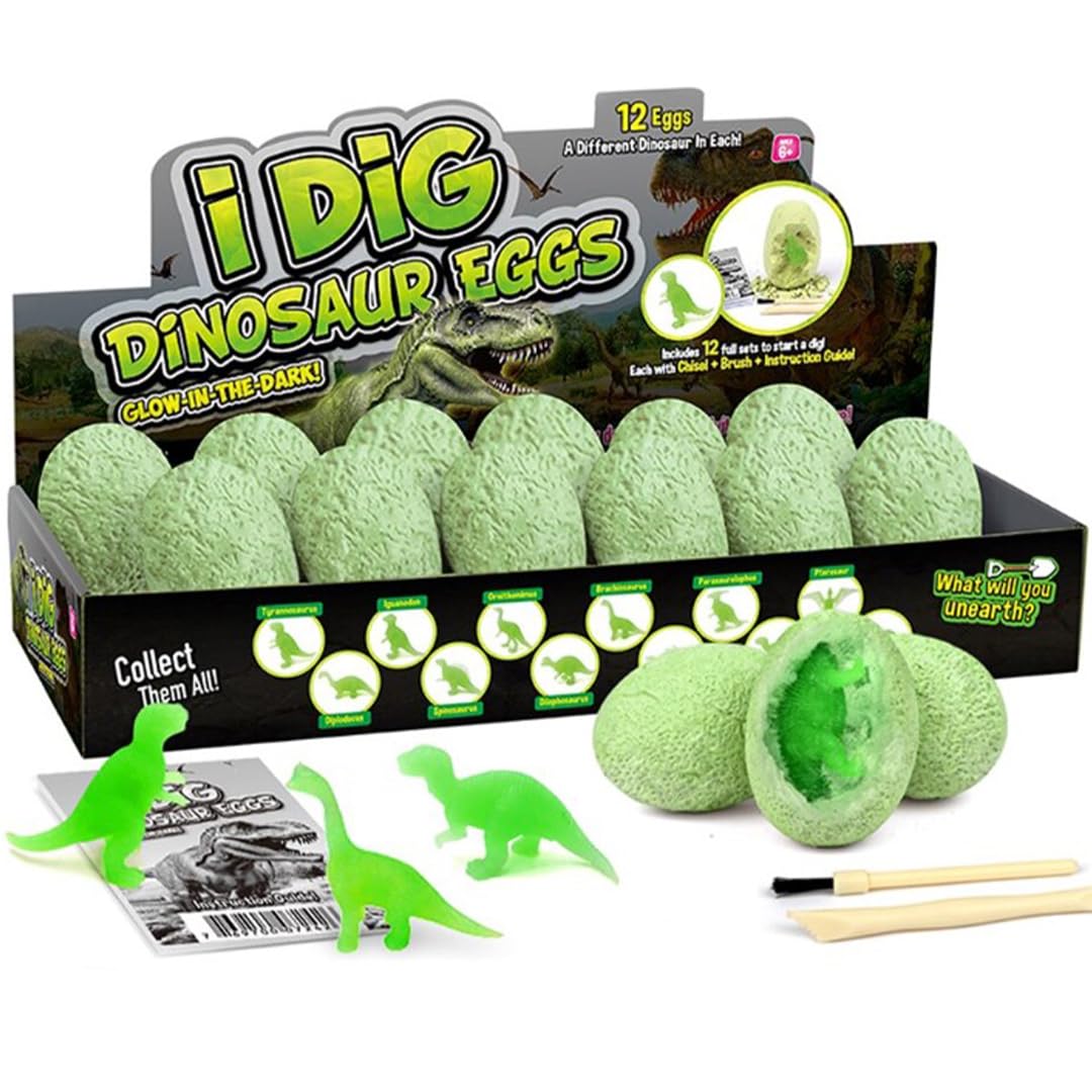 12-Pack Glow in The Dark Dinosaur Excavation Kit for Kids - Educational STEM Fossil Digging Egg Activity – Dig up & Discover Real Dino, Scientific Archaeology Set for Boys & Girls