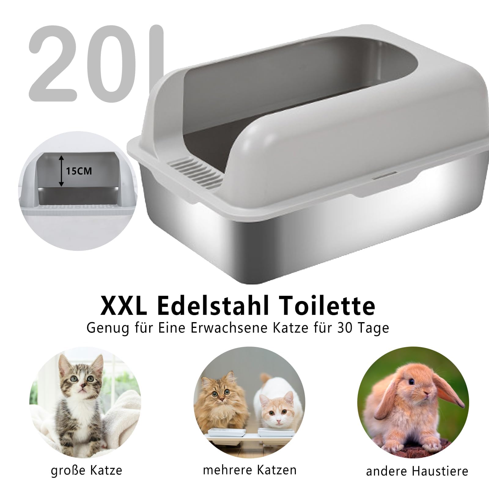 Katzentoilette Aus Edelstahl, GRFELI,große Box Für Katze Und Kaninchen Nimmt Niemals Ger Che Auf Leicht Zu Reinigen 50 35 15cm Filzbox