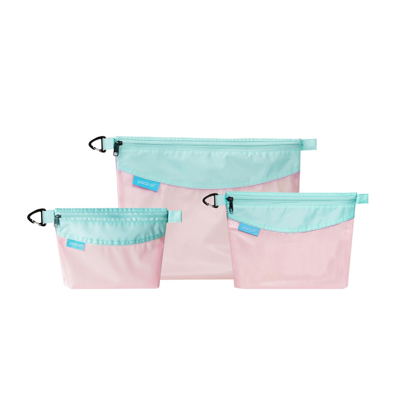 pack all 3 Pcs Water-resistant Material Zipper Pouch Set, Mesh Zipper Bags for Storage, Travel, Office (Pink)