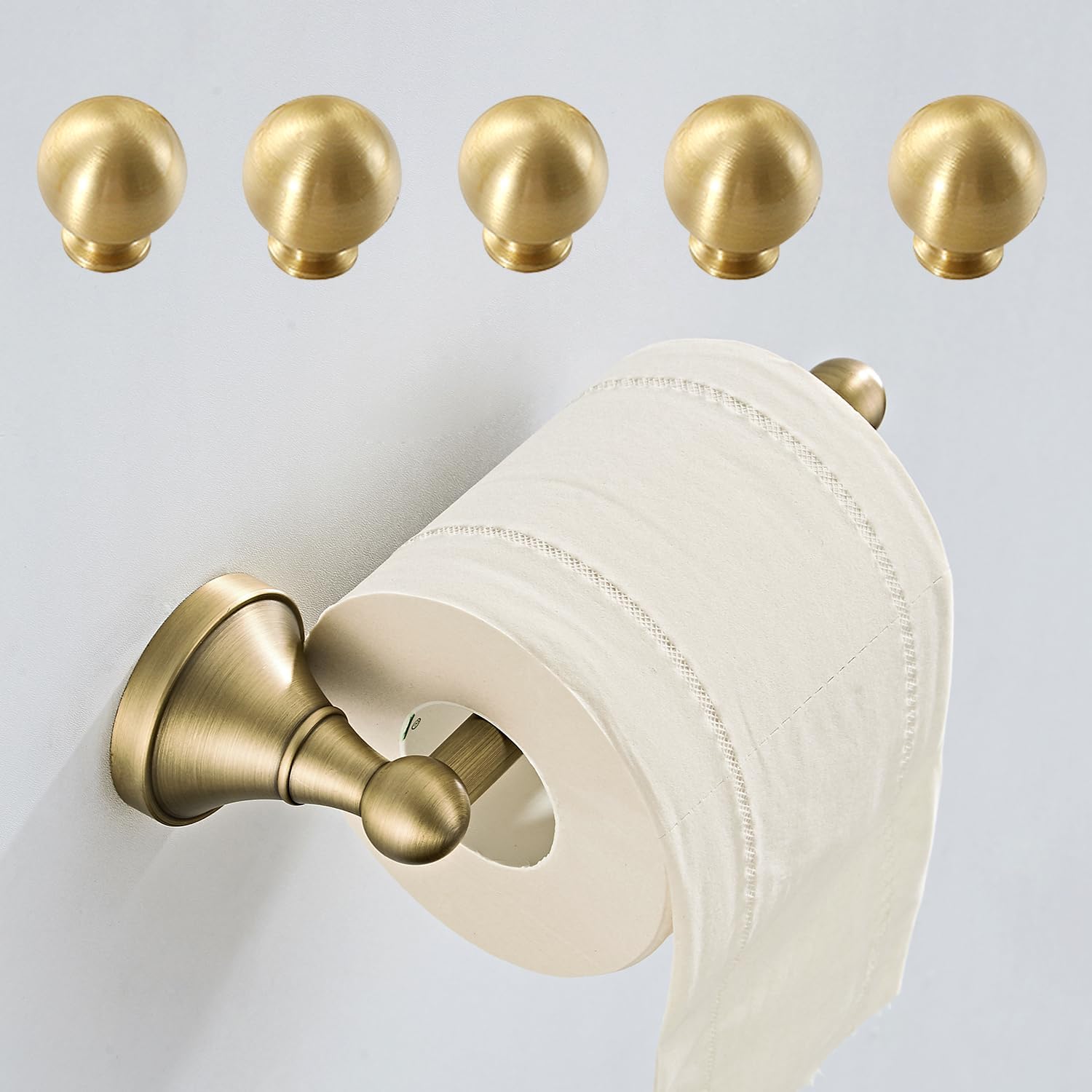 Flybath Toilet Paper Holder and 5 Cabinet Knobs Brushed Brass