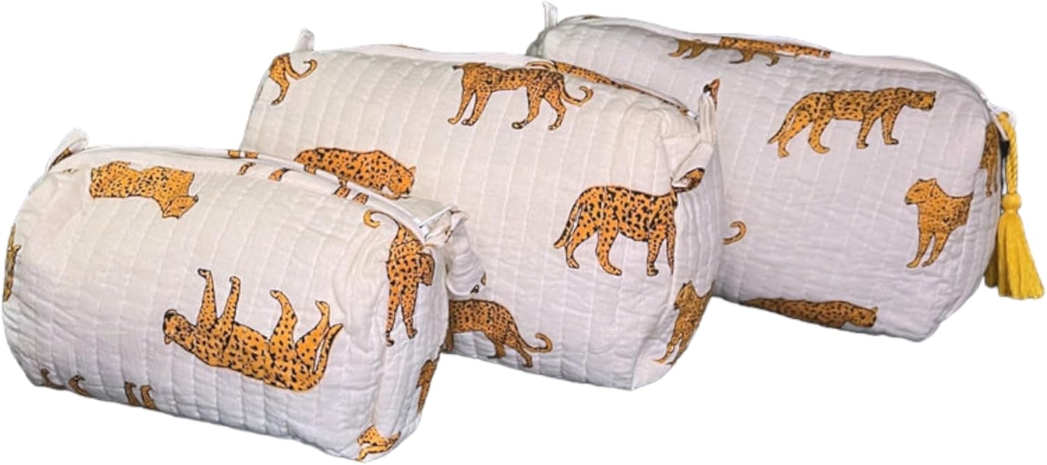 3 Pieces Block Printed Travel Organizer Kit Storage Bag for Women Makeup Bag Travel Cosmetic Bag (DESIGN 17)