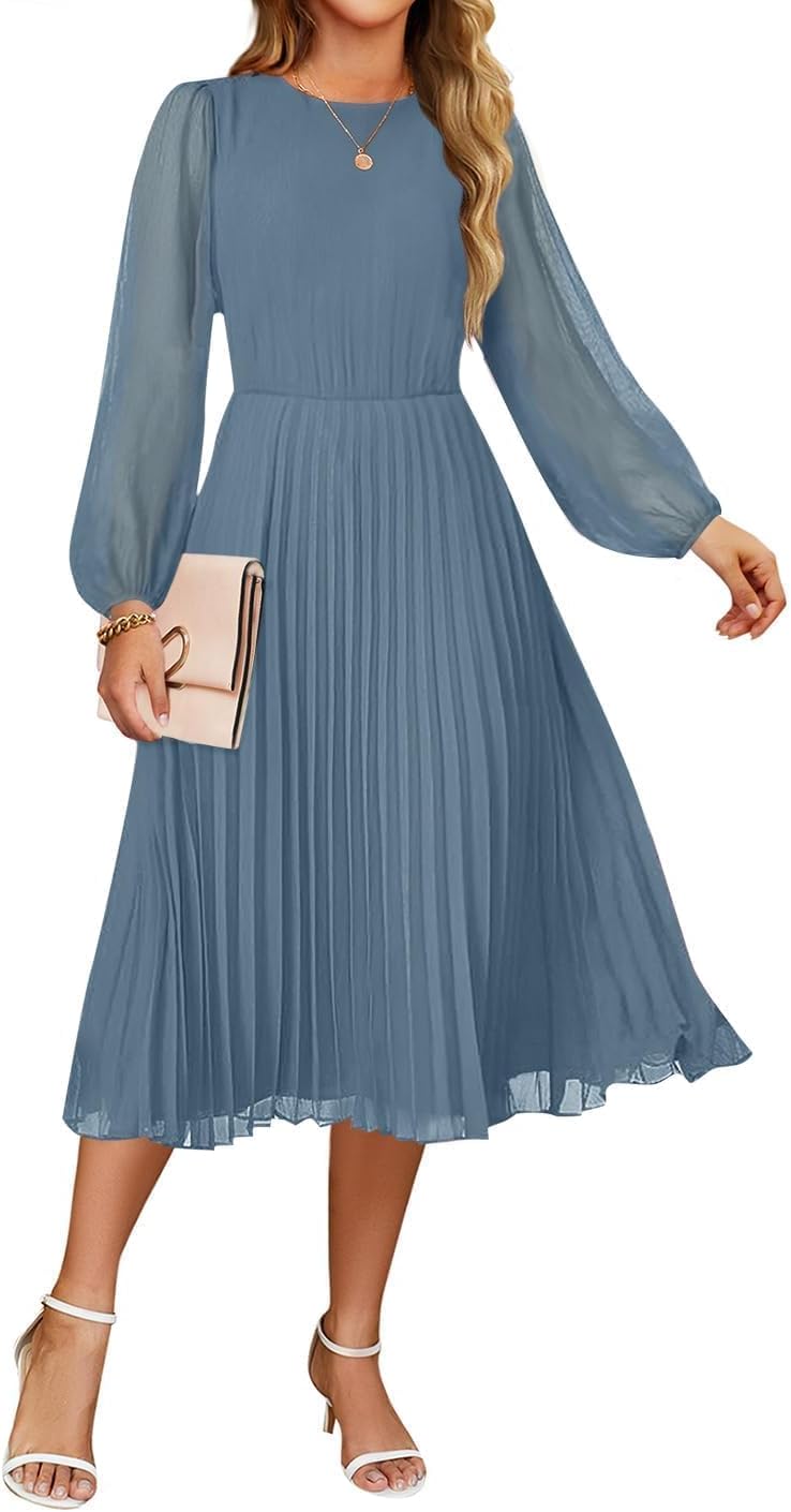 ZESICA Women's Fall Long Sleeve Dresses 2026 Casual Crewneck Chiffon Swing Pleated A Line Cocktail Party Midi Dress