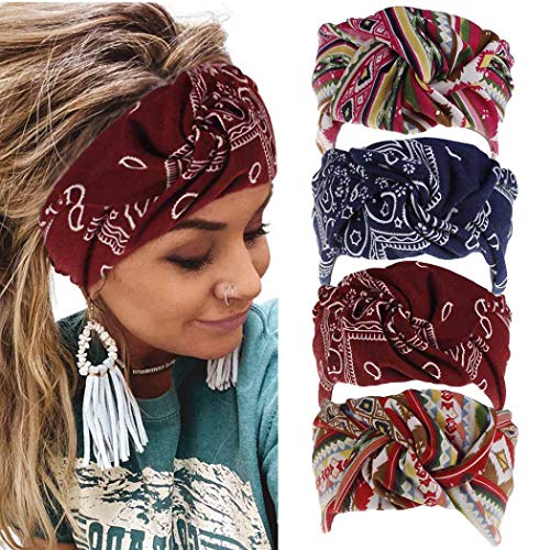 Bmadge Boho Wide Headbands Criss Cross Elastic Head Wraps Fabric Head Scarf Breathable Headpieces Stretch Non Slip Bandeau Truban Fashion Hair Accessories for Women and Girls 4Pcs