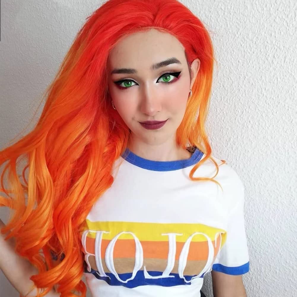 AFBeauty Orange Red Hair Long Wavy Orange to Yellow Free Part Wig Synthetic Lace Front Wig Heat Resistant Fiber Soft hIR for Women Cosplay 24’’ (24