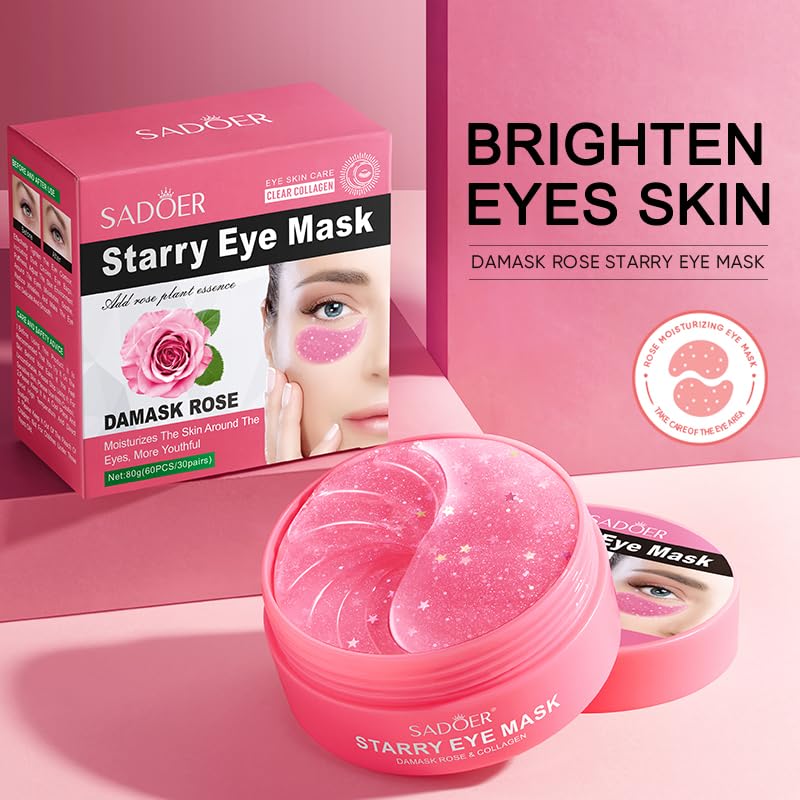 Under Eye Patches for Dark Circles, Anti Smile Line & Wrinkle Eye Gels with Collagen & Peptides for Puffy Eyes & Dark Circles, 60 Pcs Hydrating Hydrogel Mask, Anti-Aging Eye Gel Pads (Pink)