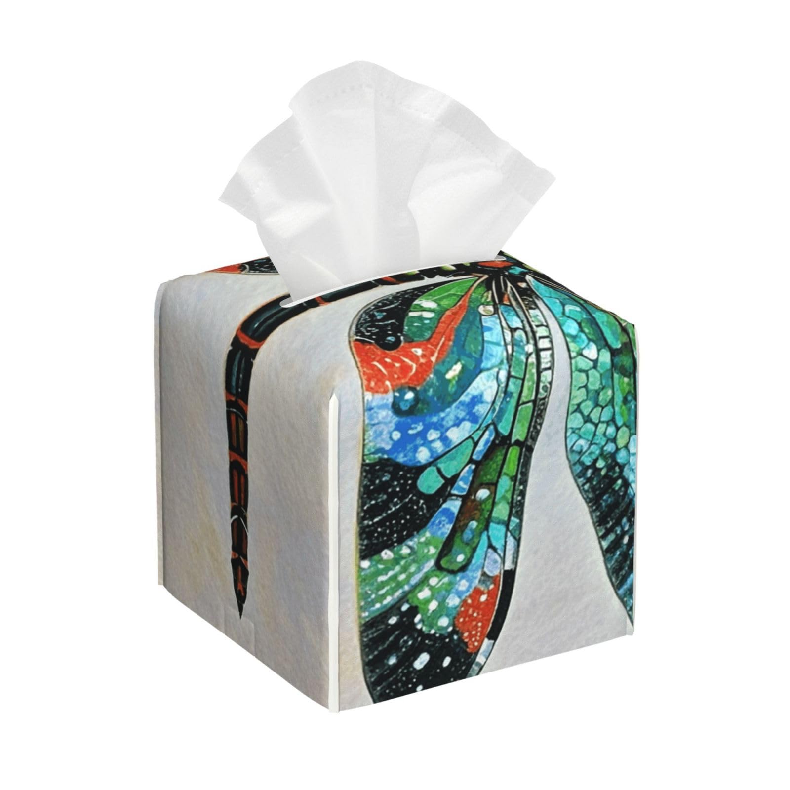 Pu Leather Cube Tissue Box Holders Modern Waterproof Square Tissue Box Cover Dragonfly Facial Paper Holder for Bathroom Kitchen Nightstand Office Home Decor