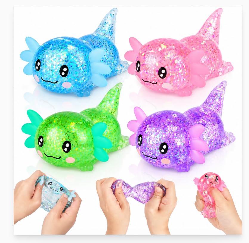 4PCS Squishy Fidget Toys, Glitter Axolotl Squishy Stress Toys, Soft Slow Rising Squeeze Sensory Toy for Kids Adults, Cute Animal Squishies Stress Ball for Anxiety Relief Party Favors Gifts — image 1