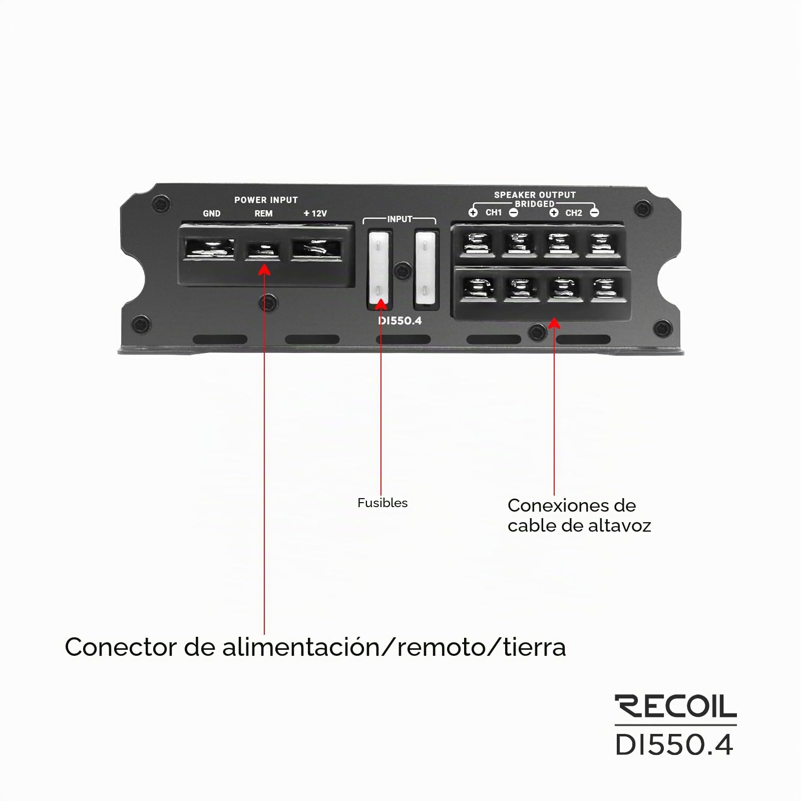 RECOIL Amplificador de audio para automóvil DI550.4 de rango completo Clase D de 4 canales, potencia máxima de 1040 vatios, estable de 2 a 4 ohmios, fuente de alimentación Mosfet, puenteable
