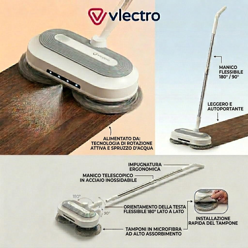 Mocio Elettrico Lavapavimenti Senza Fili | Doppia Rotazione, Testa 180°/90°, Acqua Spray, Luce LED, Per Parquet, Piastrelle e Superfici Dure