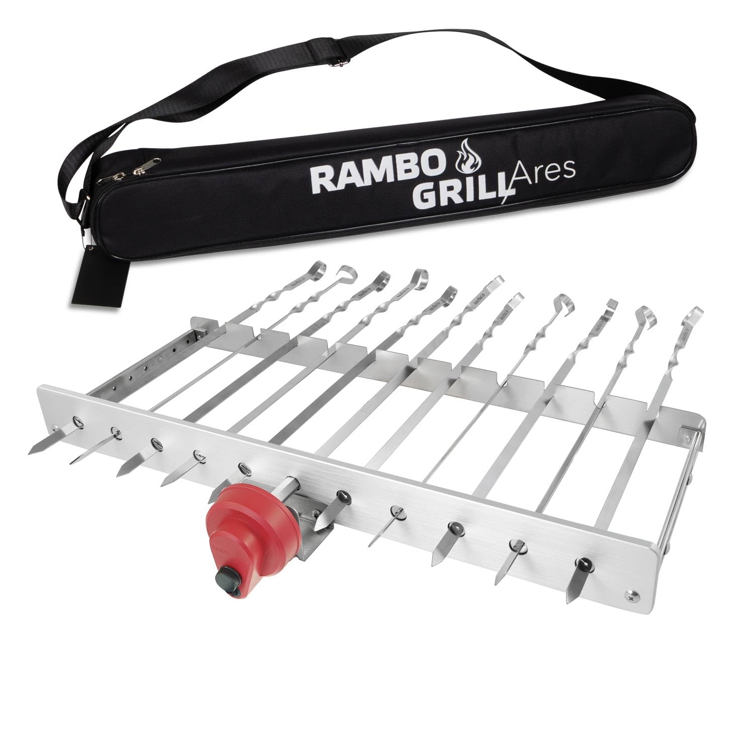 BEM Rambo Mangal Schaschlikgrill, Grillset mit Zubehör inkl. Powerbank | + Motor, Elektrisch, Edelstahl, Klappbar, Holzkohlegrill mit Spießen