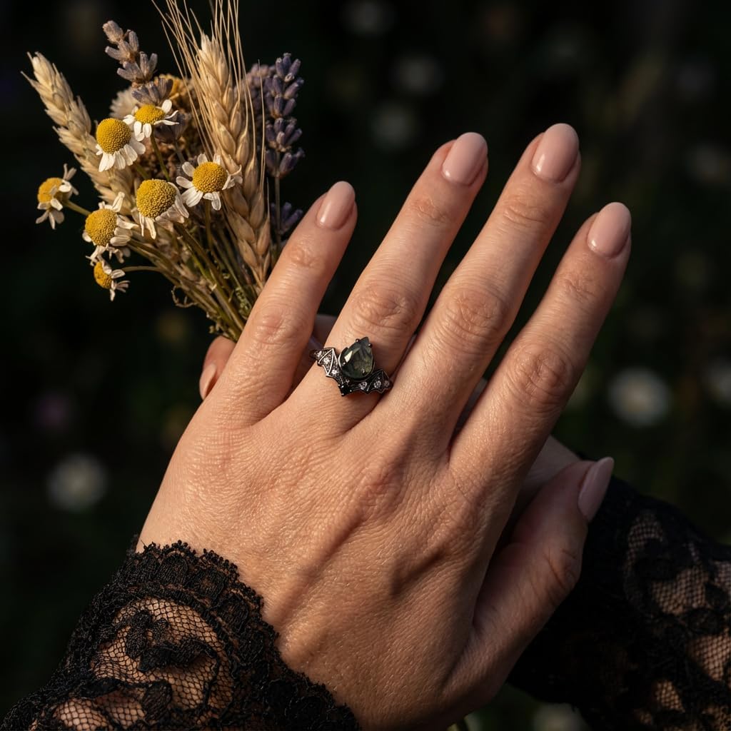Natural Moss Agate Engagement Black Ring Set for Women Customizable 10K /14K /18K Solid Gold Gothic Promise Wedding Stacking Rings Free Engraving Size 4-15