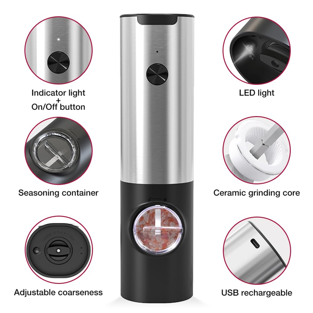 Molinillo Pimienta, Pepper Grinder Molinillo de sal y pimienta eléctrico recargable, base carga, molinillo automático especias acero inoxidable(Charge Base Steel)