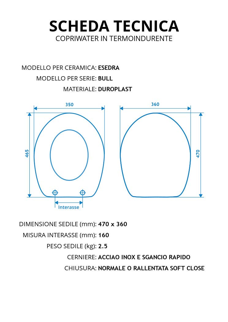 Copriwater per ESEDRA BULL come ORIGINALE TERMOINDURENTE BIANCO cerniera inox normale o rallentata soft close