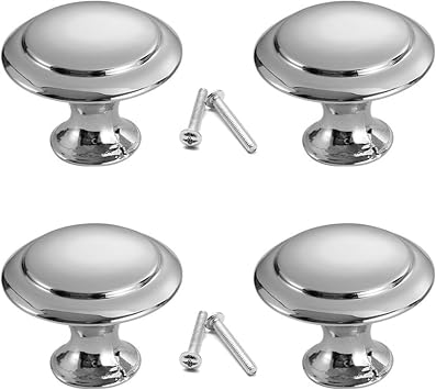 4 Pcs Door Knobs for Cupboards, Round Polished Chrome Cupboard Knobs 30mm, Silver Drawer Knobs for Wardrobes and Furniture, Modern Style Kitchen Cabinet Hardware Accessories