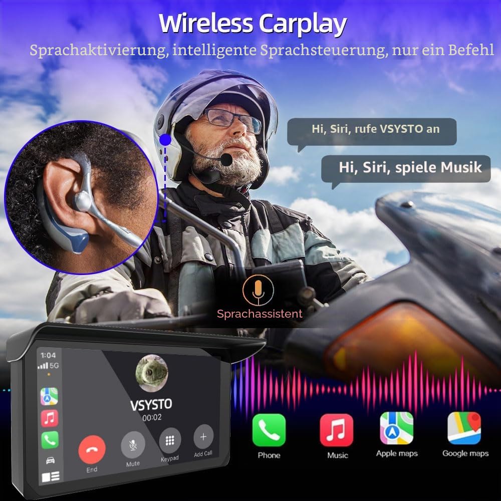 VSYSTO CP5 Motorrad Carplay Bildschirm, Kabelloses CarPlay und Android Auto, 5 Zoll Wasserdichtem Touchscreen für Motorrad mit Dual-Bluetooth, GPS Navigation, Sprachassistent, Dual USB Anschluss