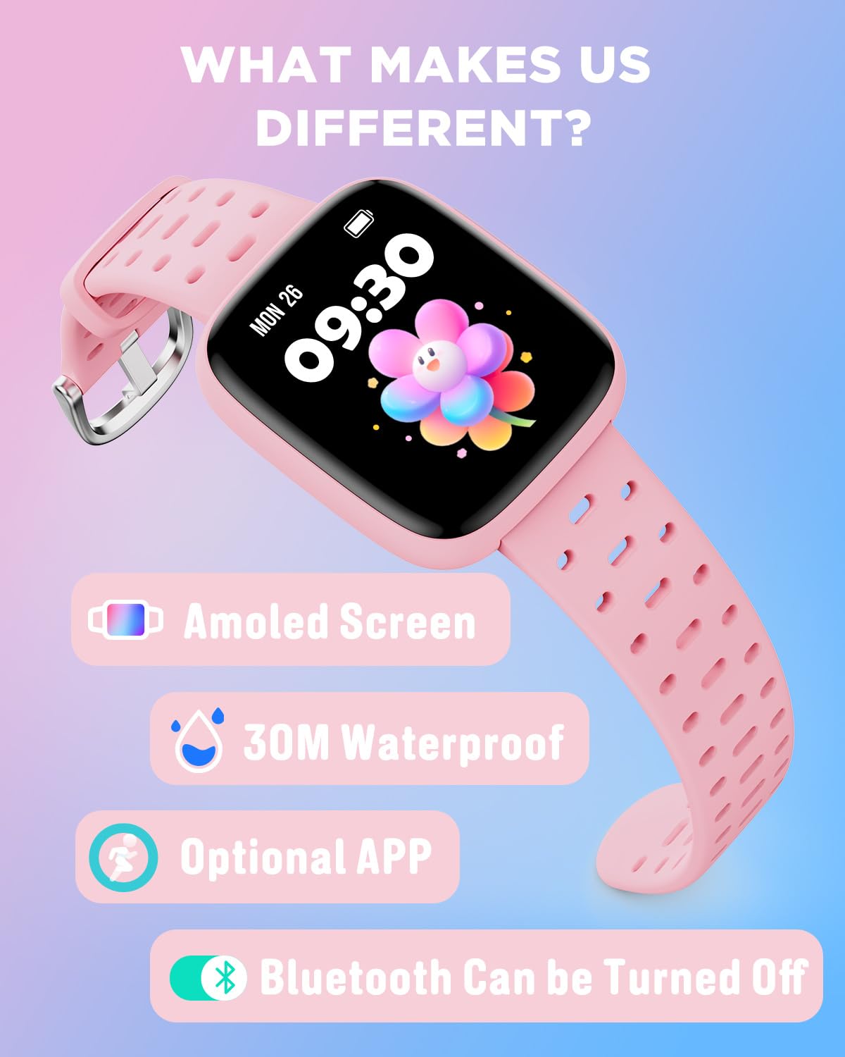BIGGERFIVE Inteligentny zegarek dla dzieci, 1,8" Amoled Bransoletka aktywności | Krokomierz, tętno, wodoodporny 30m, monitor snu, budzik, gry z/bez aplikacji, różowy