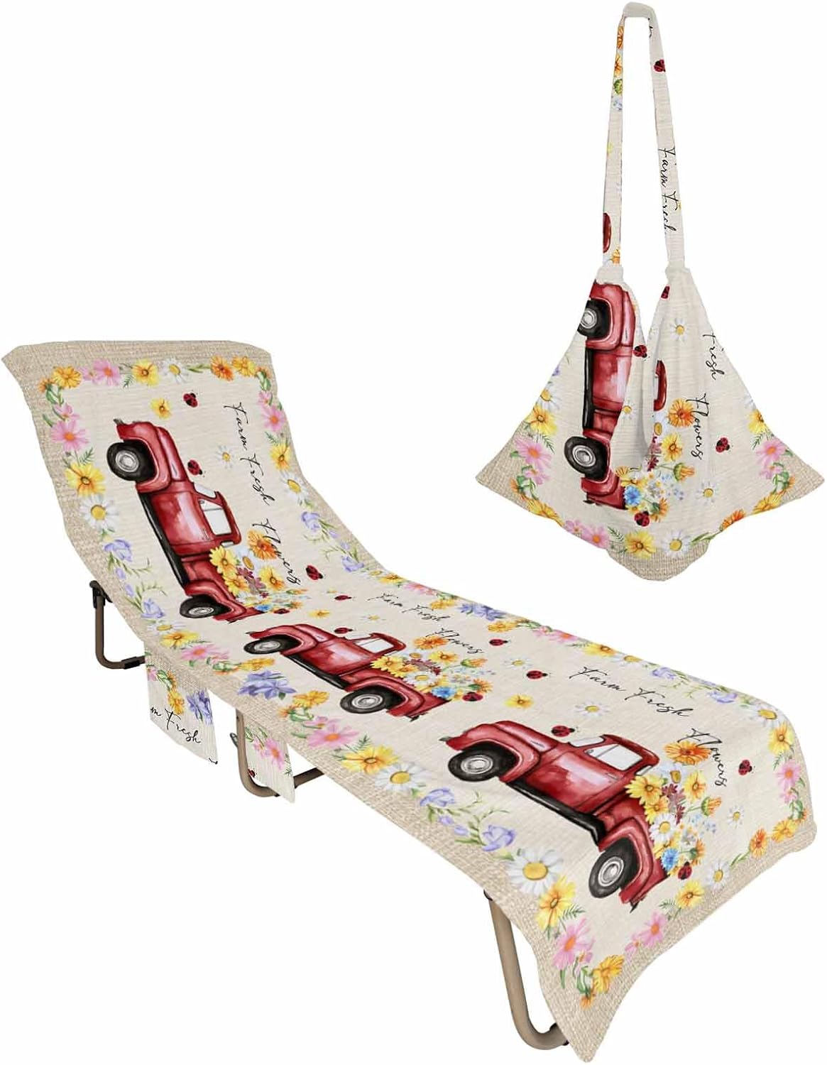 Farmhouse Truck Ladybugs Yellow Beach Pool Patio Lounge Chaise Chair Cover Towel With Pockets,Absorbent & Quick Dry Microfiber Towel Cover Bag Summer Accessories for Sunbathing White Pink Blue Floral