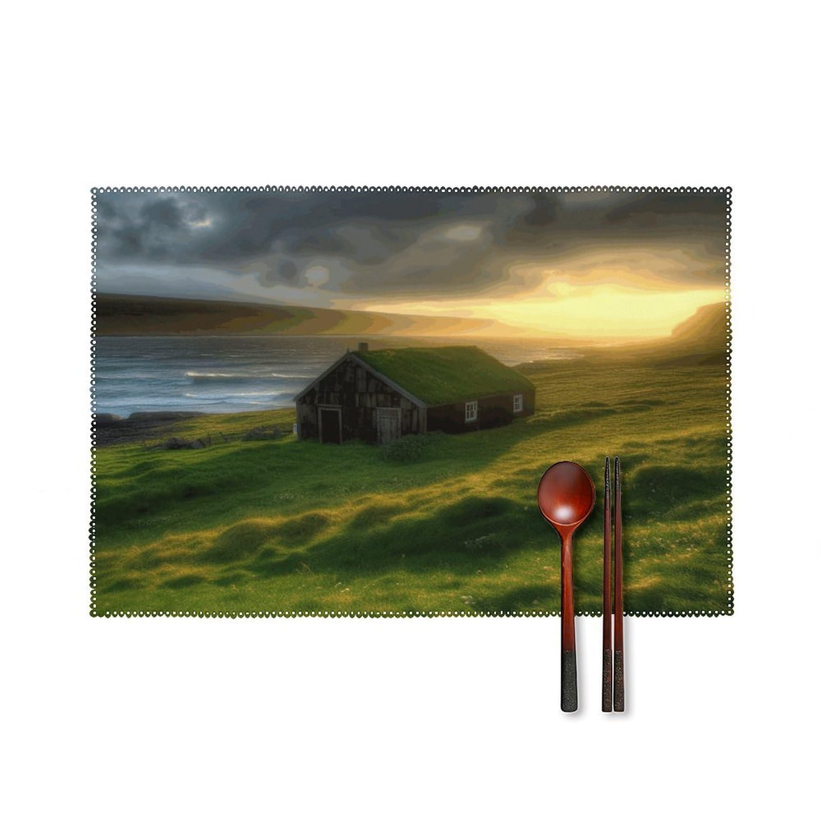 Btcowzrv Style Iceland Hut Grass Coast Sea Sun Rays Canvas Placemats Set Of 6, Wipeable Washable Place Mats For Indoor & Outdoor, Table Mat Decor For Kitchen Dining Party