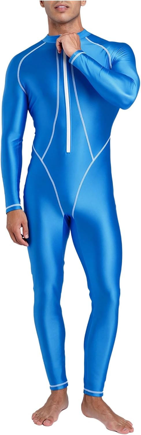 Agoky Full Coverage Swimsuits for Men Spandex Surfing Suit | Modest Bathing Suit,Rash Guard,Athletic Training Swimsuit,Shiny Smooth,Athletic Wetsuit,Long Sleeve Full Length Cut,Upf 50+