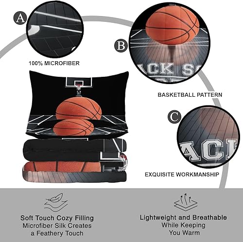 Miniatura 4 de Juego de edredón personalizado de baloncesto tamaño matrimonial para niños, adolescentes y hombres, edredón negro de corte con 1 edredón y 2 fundas