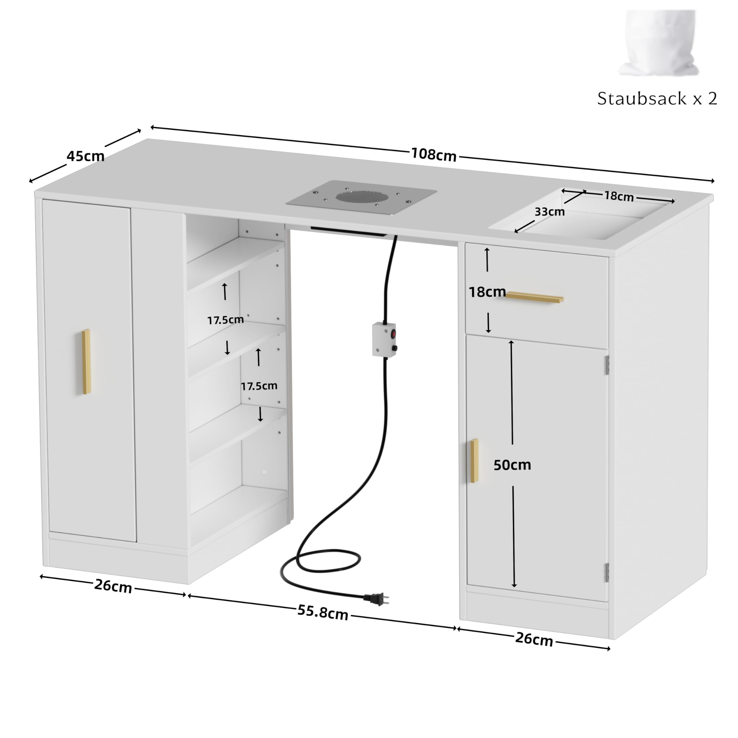 Tavolo per Manicure con Aspiratore Elettrico 108x45x77 cm Bianco