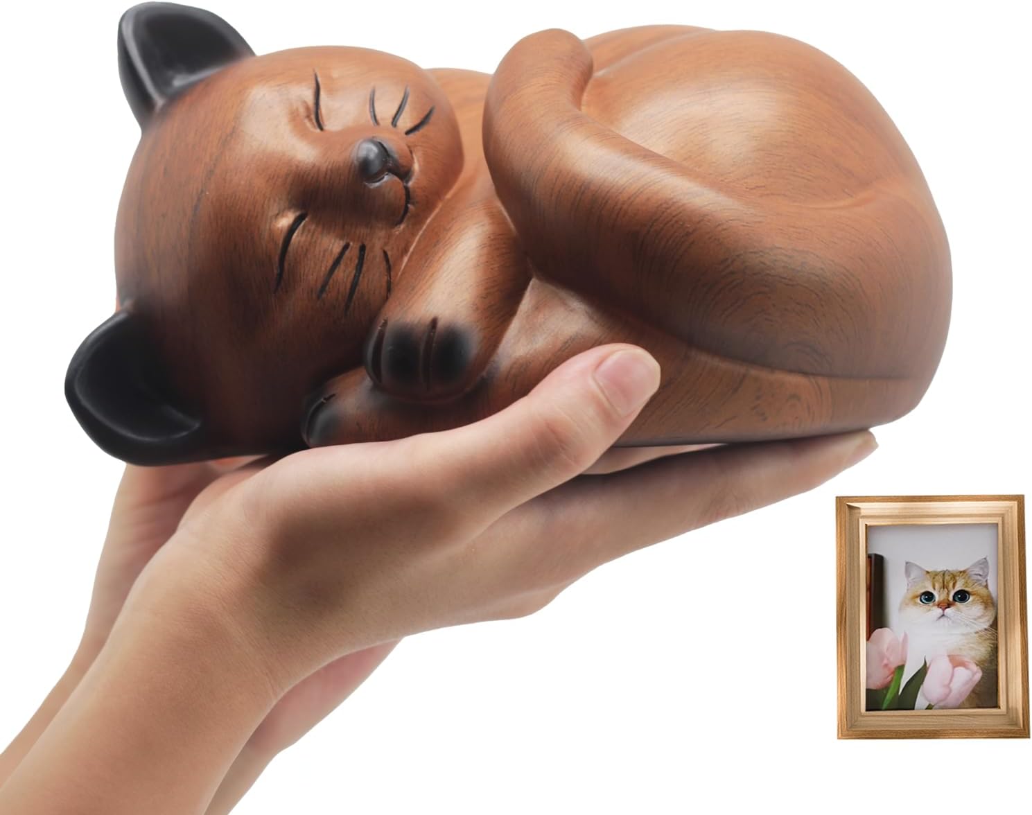 Cat Urn for Ashes - Sleeping Resin Pet Urns for Cats& Dogs, 8.5x7x4.5inCremation Memorial Keepsake,Comes with a Memorial Photo Frame (cat)
