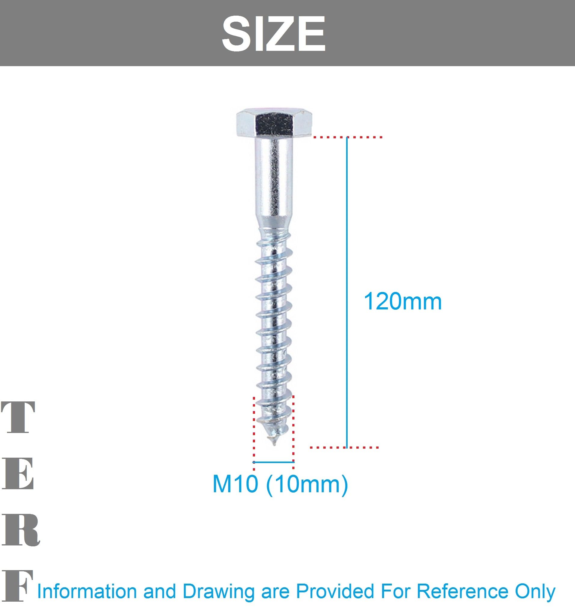 TERF® M10 X 120mm Coach Screws Hex Head Stainless Steel A2 (304) Coach Screw M10 (10mm) X 120mm Wood Masonry Brick Concrete Wall Fixing Lag Screw Bolts - Image 3