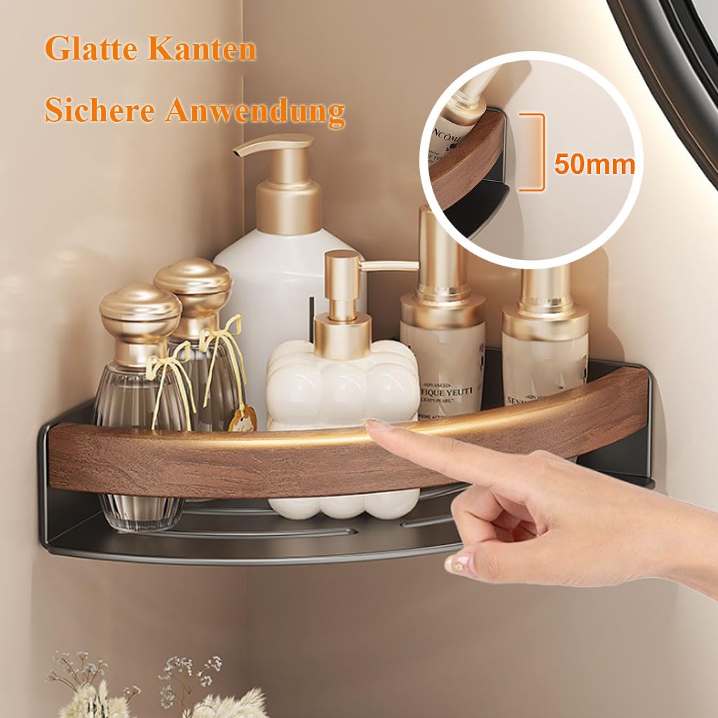 Estante de Ducha sin taladrar, Estante de Pared de 2 Niveles de Metal con Apariencia de Madera, Estante de Esquina ahorrador de Espacio Organizador de baño para baño, Inodoro, Lavabo