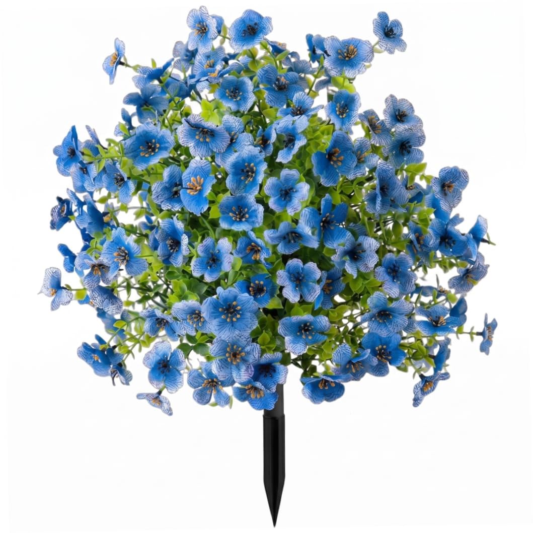 BEAHING Artificial Flowers For Outdoors With Ground Stakes, Artificial Outdoor Flowers with Stake, Faux Outdoor Plants - Blue, 17.72inch