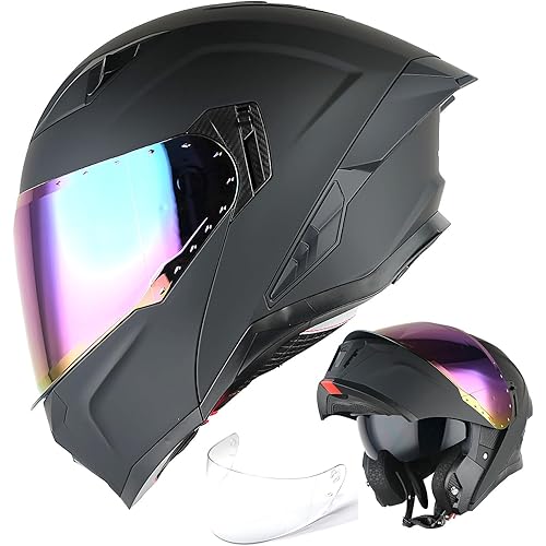 1Storm Motorcycle Street Bike Modular/Flip up Dual Visor Sun Shield Full Face Helmet + One Extra Clear Shield: KT928
