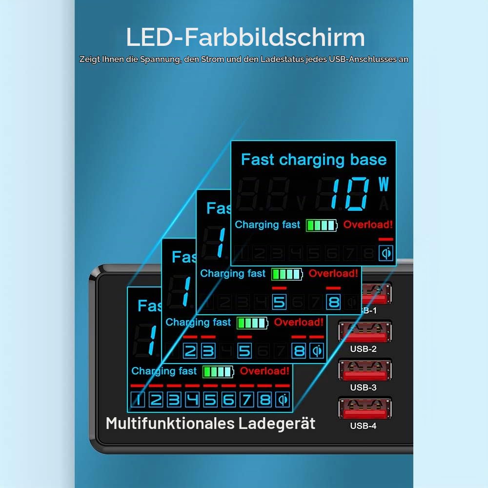 Irfora USB-Ladegerät,X9 8 Port Wireless USB Ladegerät Schnellladung PD + QC3.0 + USB Port Ladestation mit LED-Anzeige für Telefon/Laptop/Tablet EU-Stecker