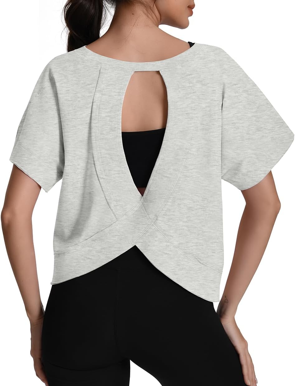 Open Back Workout Tops Oversized Tshirts for Women Cotton Short Sleeve Tees Backless Crop Tops Boxy Yoga Shirts