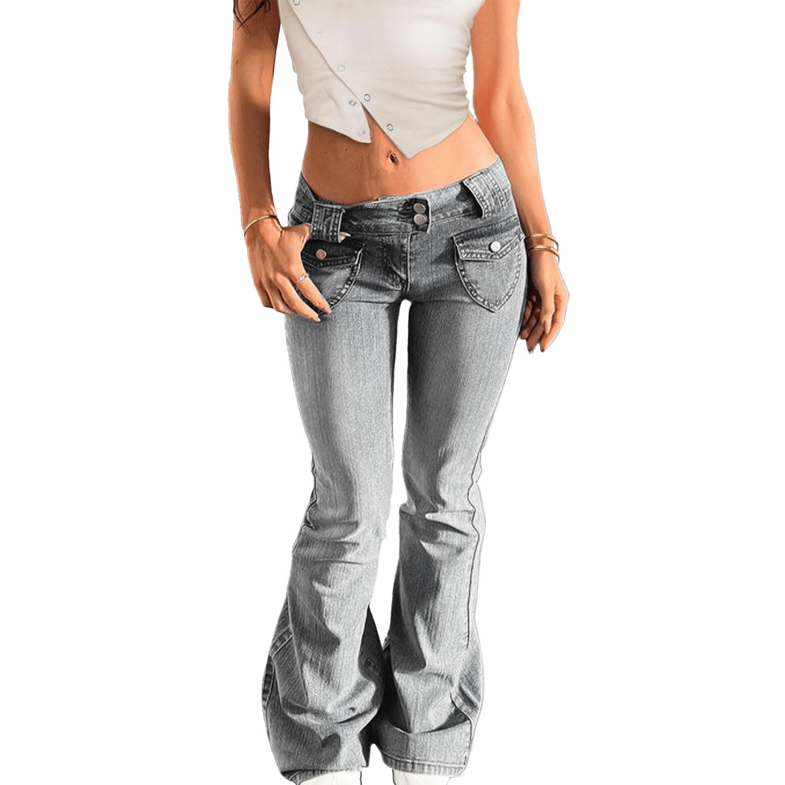 Low Rise Flare Jeans for Women Baggy Y2K Stretchy Bell Bottom Denim Pants 90s Vintage Washed Jeans with Pockets, Grey, XS