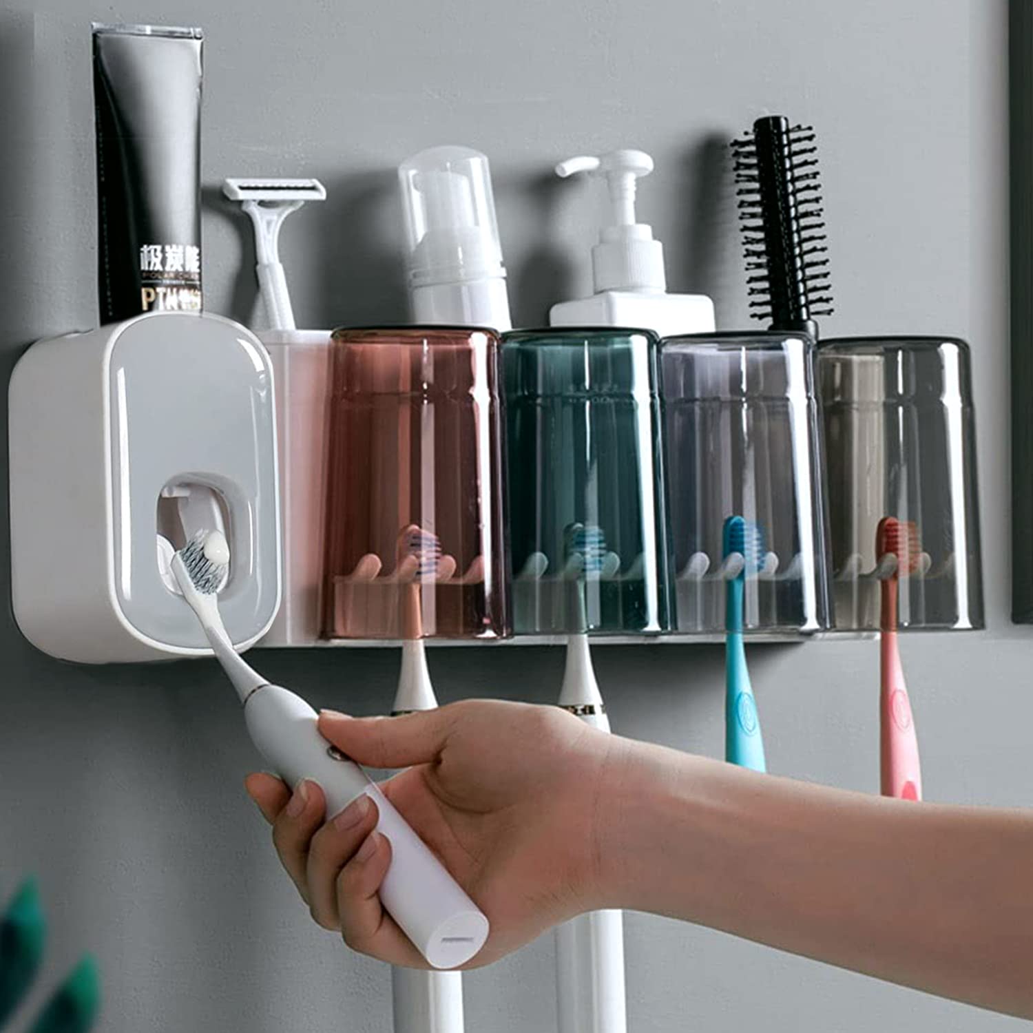 RAKAPOSHI 4 Cups Wall Mounted Toothbrush Holder with dispenser, Multifunctional Space Saving Transparent Tooth Brush holder Toothpaste Holder for Bathroom (White)