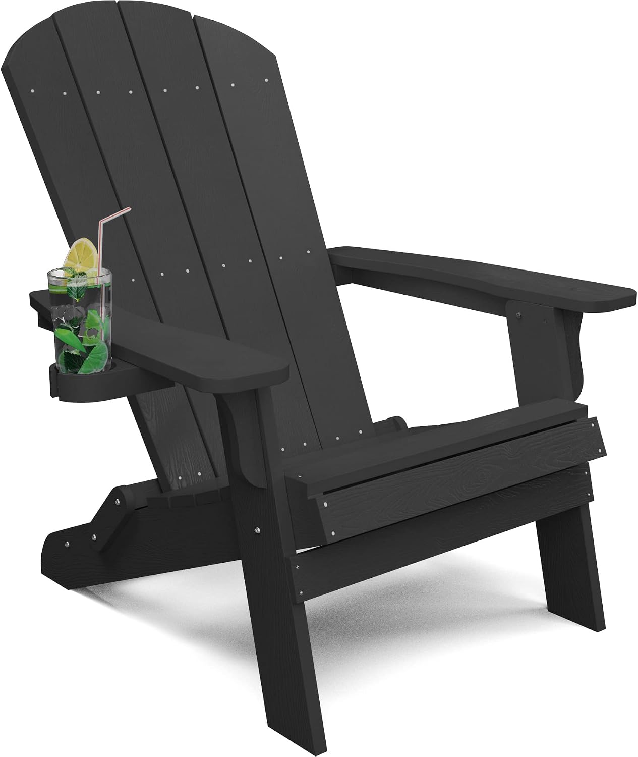 YEFU Adirondack Chair, Oversized Plastic Adirondack Chair Folding Outdoor Chairs with Cup Holder, Lawn Chair with Weather Resistant for Outside Deck Lawn Garden, Weight Capacity Up to 400 Lbs –Black