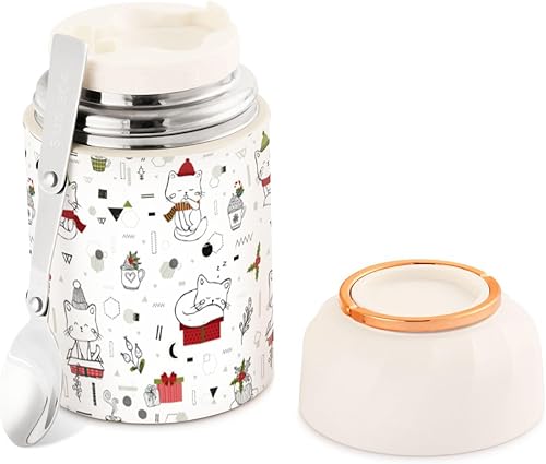 MCHIVER Christmas Cat Cartoon Food Jar with Spoon Stainless Steel Vacuum Insulated Food Container 17 oz Food Flask for Lunch