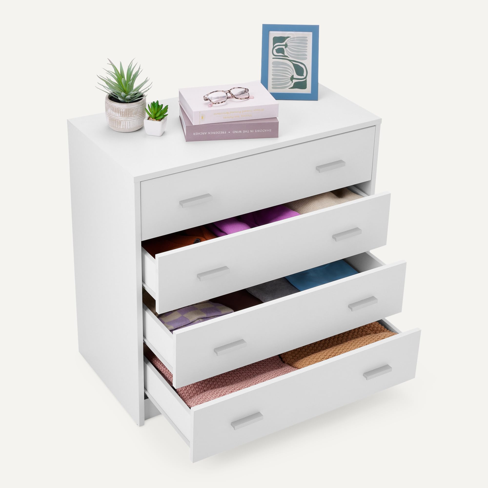 Amazon Basics Cajonera, Armario de Dormitorio con 4 Cajones, Armario, Tocador de Almacenamiento, Blanco, 40 x 75 x 74cm