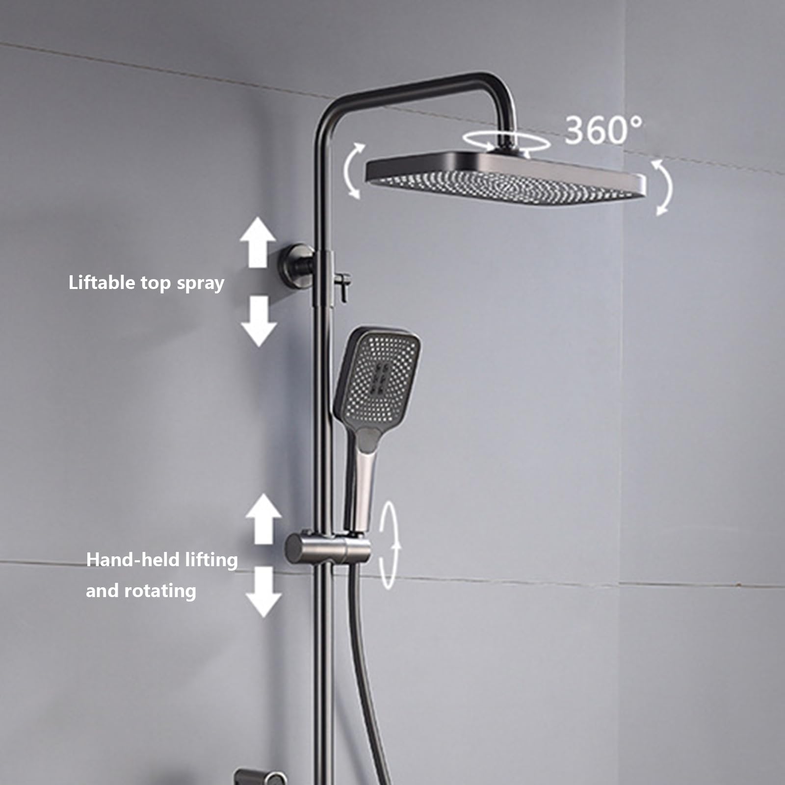 Sistema Doccia a Vista, Set di rubinetti per Bagno Grigio, soffione Regolabile in Altezza con soffione, doccetta per Vasca a Cascata e doccetta per Bidet