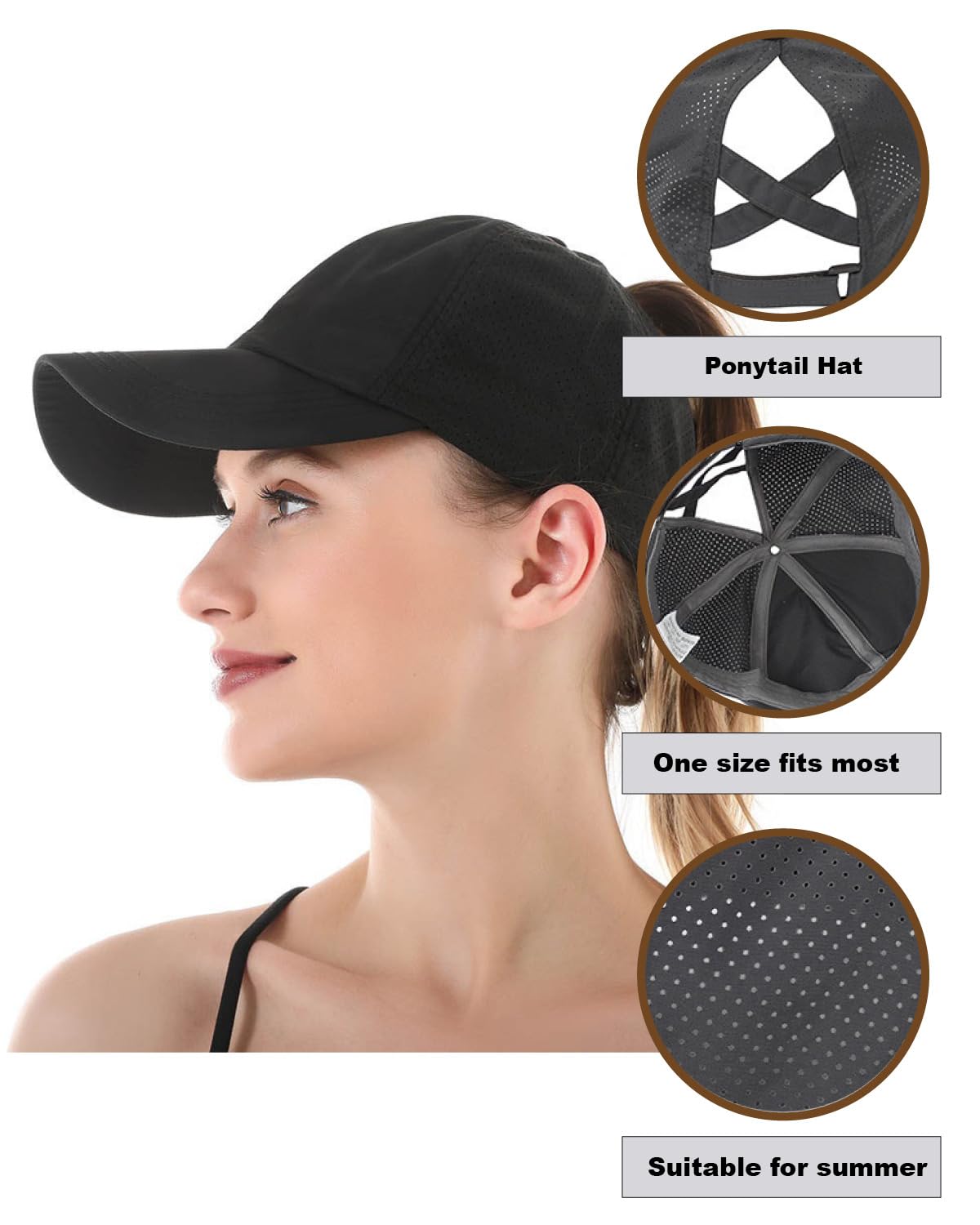 Gorra de Béisbol Mujer Cola de Caballo,Verano Transpirable Gorra Secado rápido del Deporte,Ponycap de High Messy Bun,Ajustable Buckle,Malla Transpirable Casuales - Negro