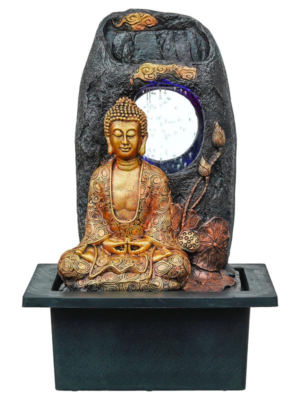 Image of Golden Brown Polyresin Tabletop Buddha Indoor Water Fountain for Home Decor with LED, Speed Control Pump (Size: 37 x 28 x 56 CM | Weight: 2910Gram)