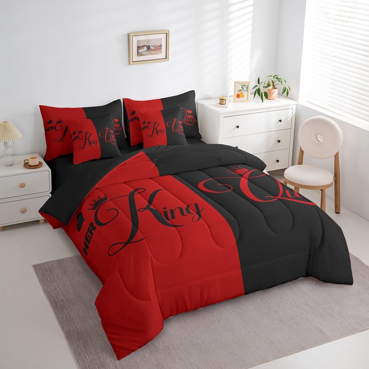 King and Queen Crown Bed in a Bag King Size Comforter Set 7 Pieces,Her King and His Queen Bedding Set,Romantic Valentine's Day Sheet Set 50th Anniversary Decorations,Couple Gifts for Him and Her