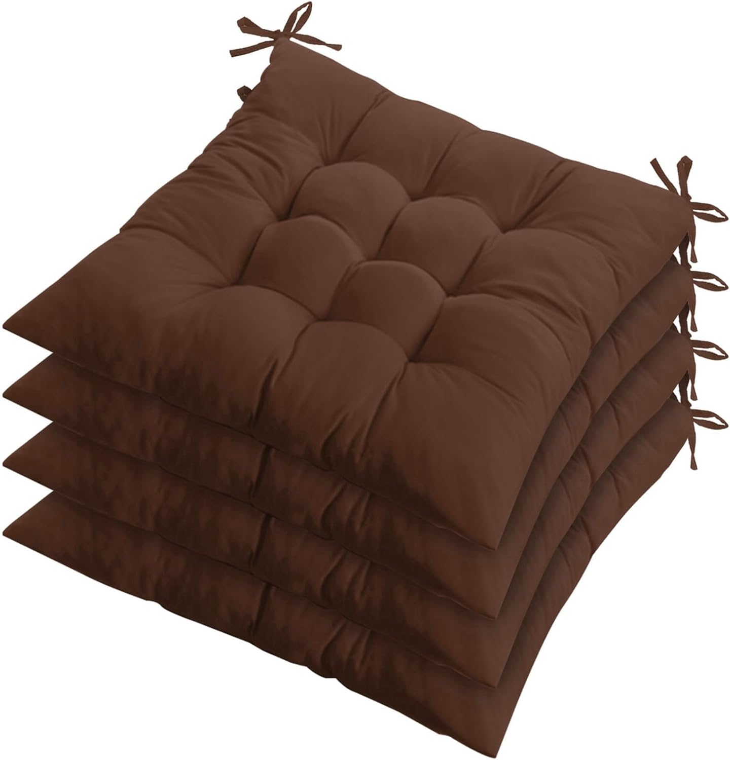 TeqHome 4 Pcs Chair Cushion, Chair Pads Seat Cushions Set of 4, Non Slip Memory Foam Tufted Square Seat Cushion with Ties,Ultra Soft Chair Cushions for Dining Kitchen Office Chairs (Brown)