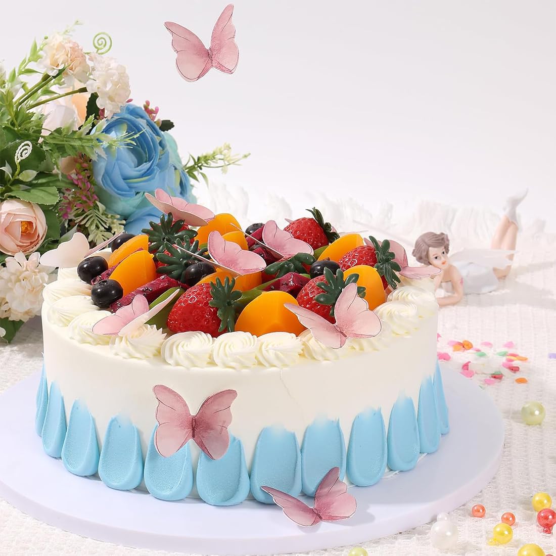 Set Decorazione Torta Farfalle: 2 Bandiere E 13 Segnaposto Rosa, Per Compleanni