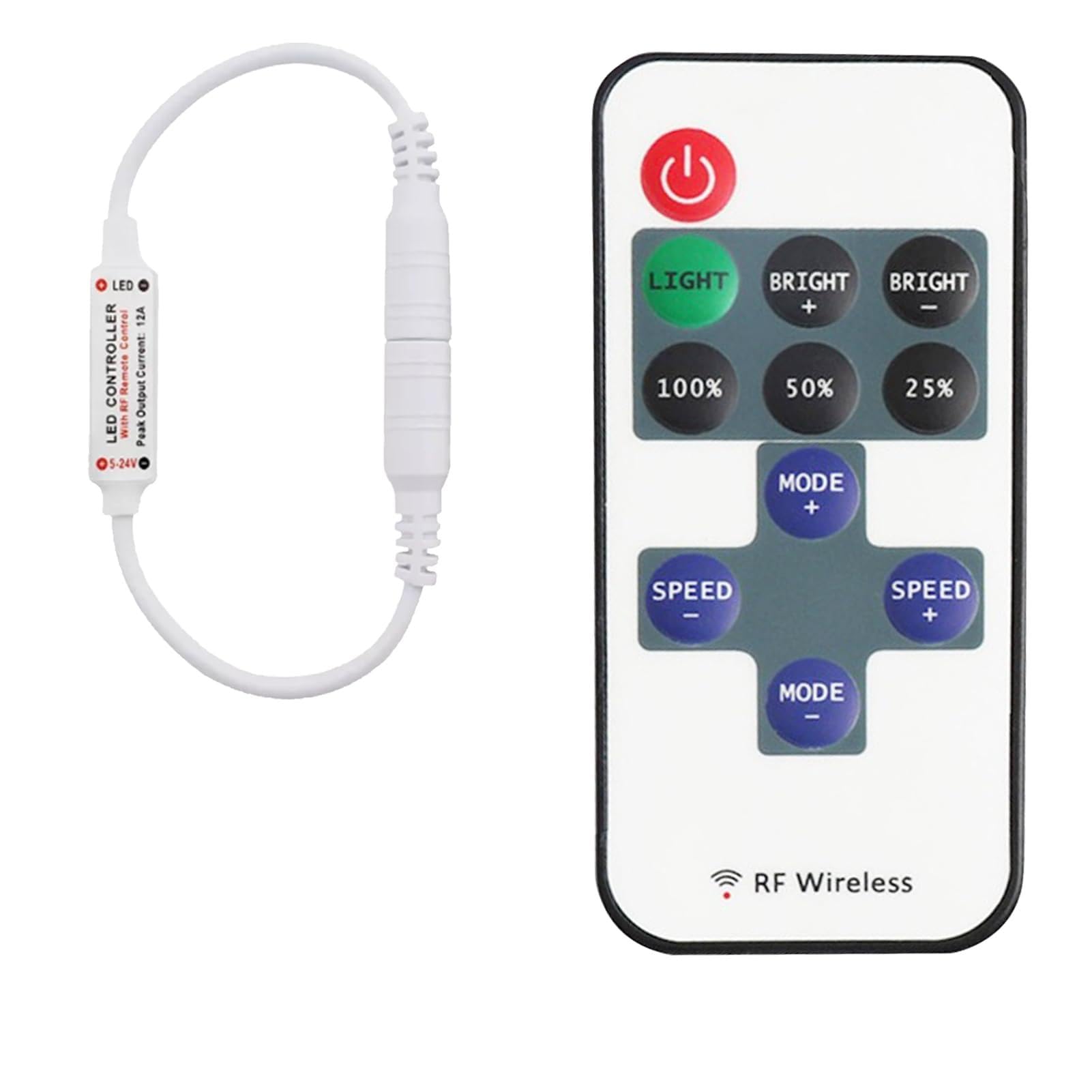 Ebksqs Controlador RF11 con Cable DC 5V-24V 5A - Regulador Intensidad Tira Monocromática - Mando a Distancia para Cinta SMD 3528 2835 (Blanco) - 1