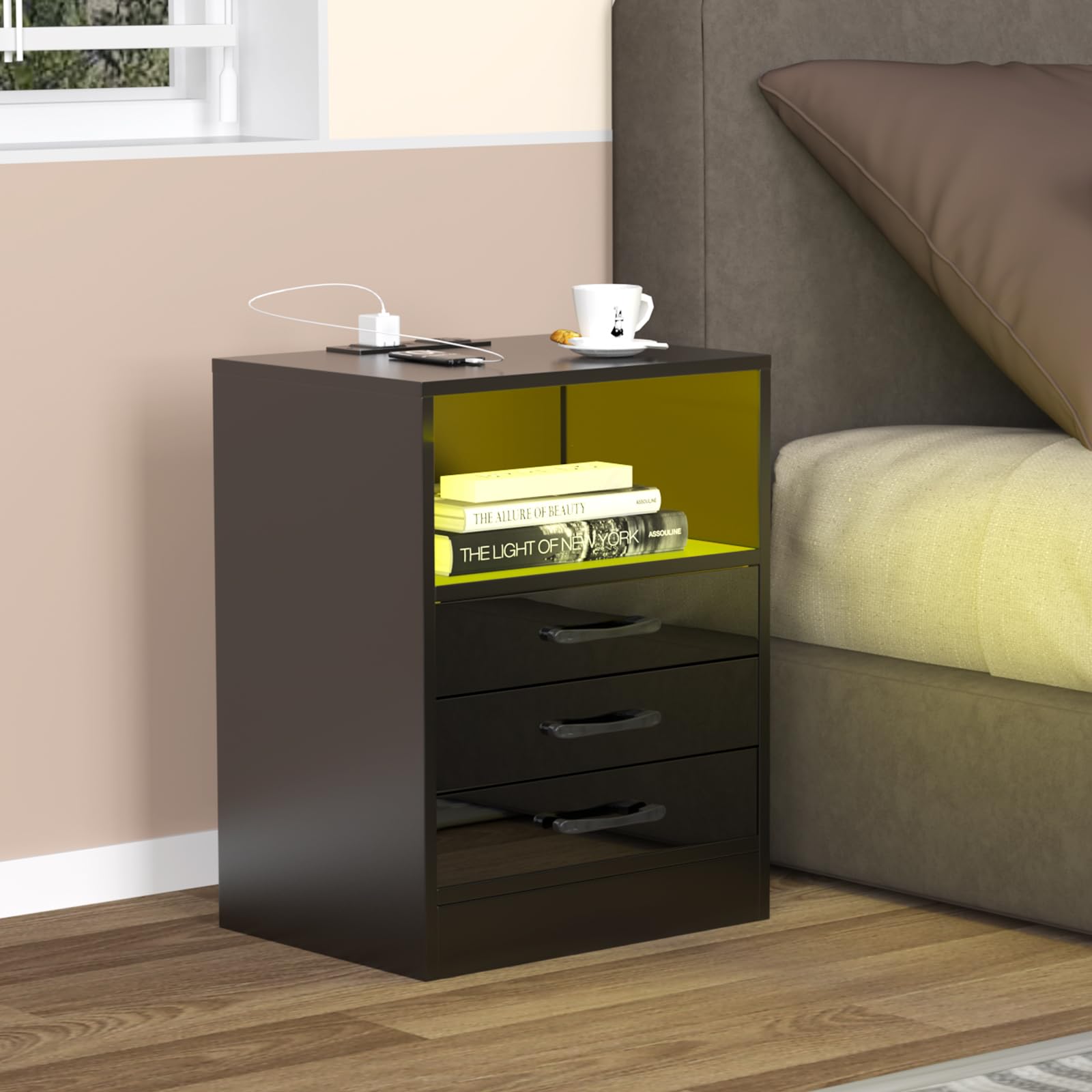 Comodino Furnulem Con LED RGB E Ricarica USB – Nero, Ripiano In Legno, 3 Cassetti In Tessuto, 65 Cm - 4